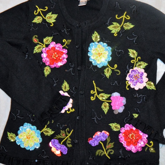 Vintage 90s Berek Embordered Floral Sequined Cardigan Sweater - Picture 3 of 9